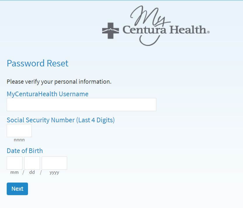 MyCenturaHealth Login Password Reset Steps