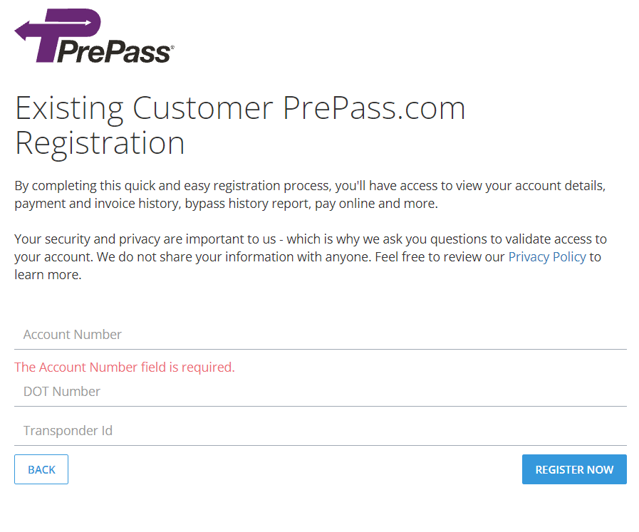 PrePass Portal Account Registration