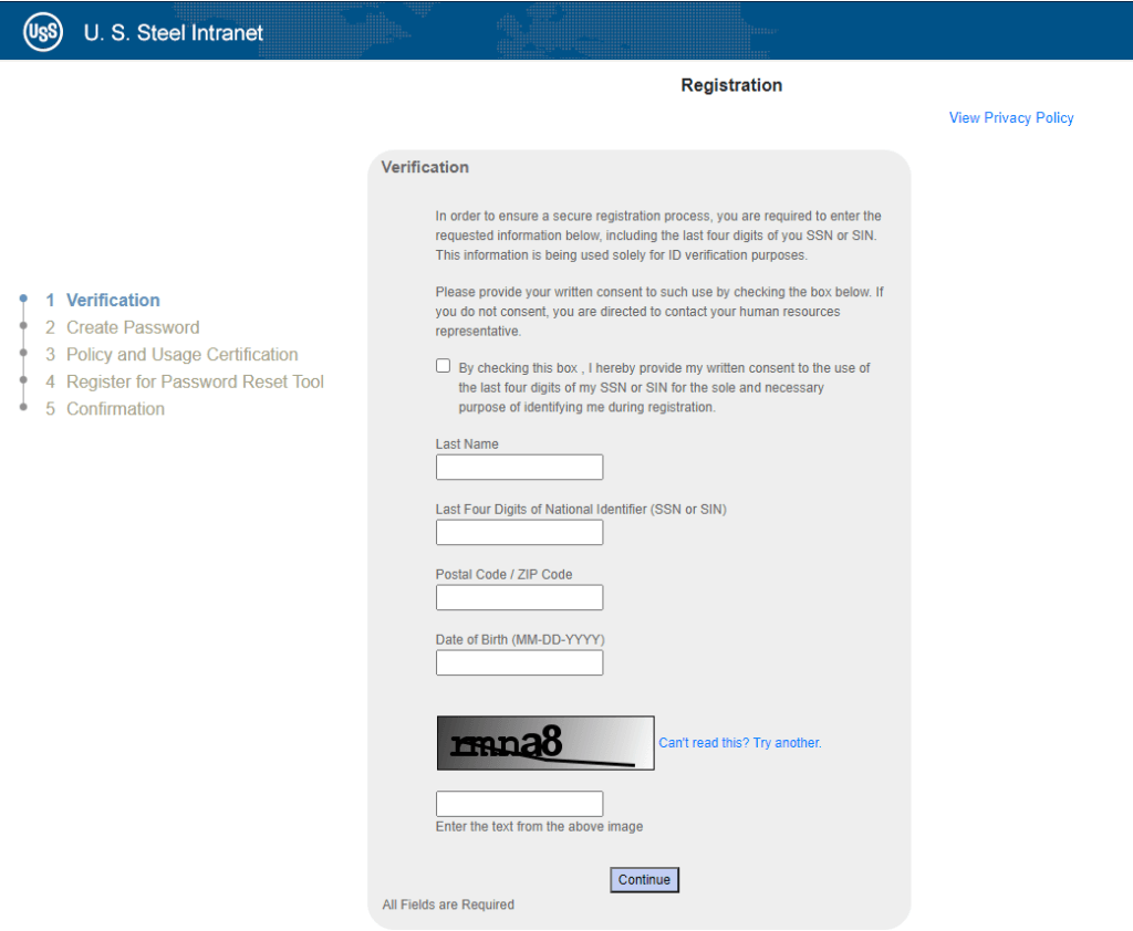 U.S. Steel Employee Account Registration