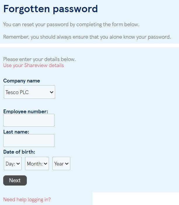 Tesco Shares Employee Login Portal Password Reset