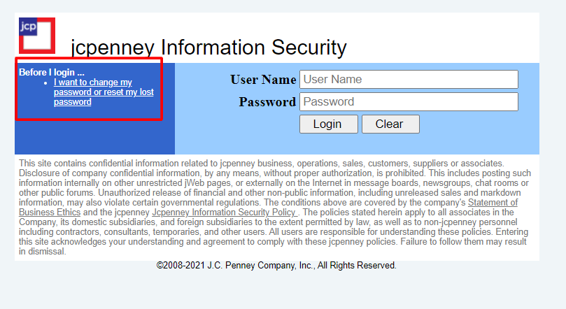 JCP Associate Kiosk Login Password Reset